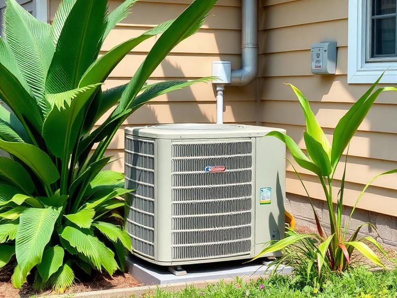 Outdoor residential air conditioning condenser beside tropical plants